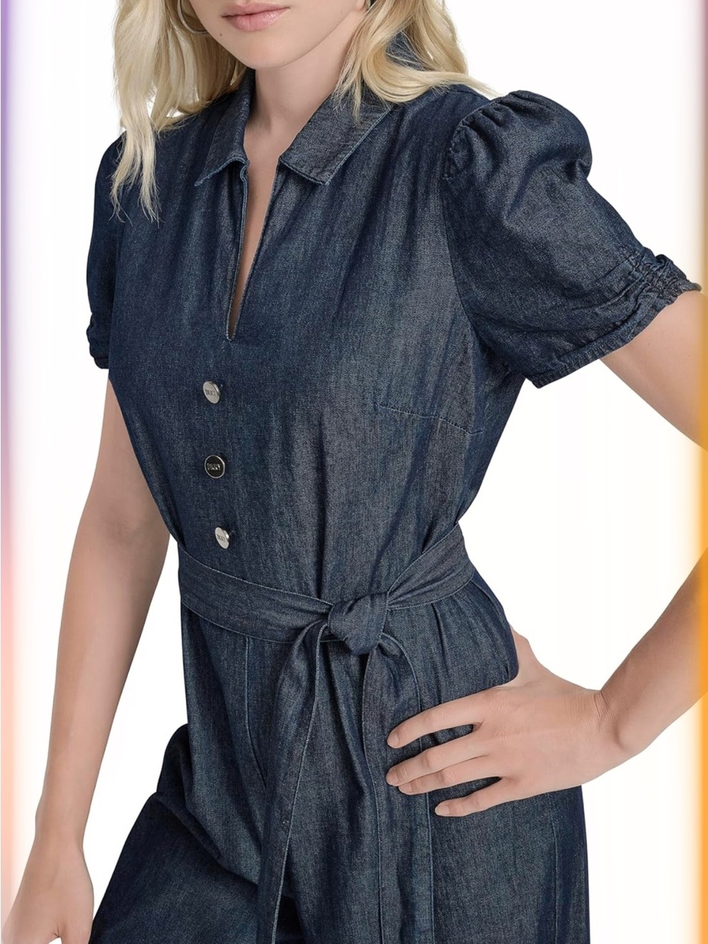 Dkny Belted polo collar Ruched Denim Short-Sleeve Jumpsuit